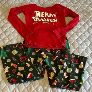 Kids Holiday Pajama Set - Red Top with Green Christmas Print Pants